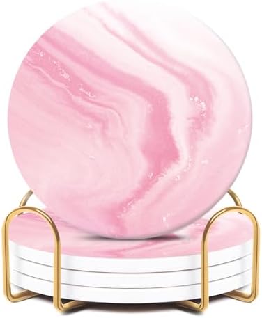 Pink Absorbent Coasters for Drinks Set of 4 with Gold Holder