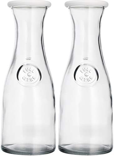 Glass Carafe Pitcher w White Silicone Lid & Tapered Neck-1 Litre