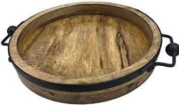 12 Inch Round Wooden Serving Tray with Metal Handles Rustic Natural