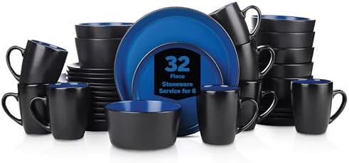 Stone Lain Albie Stoneware 32-Piece Modern Dinnerware Set, Kitchen Plates and Bowls Sets, Service for 8, Blue and Black, Microwave & Dishwasher Safe