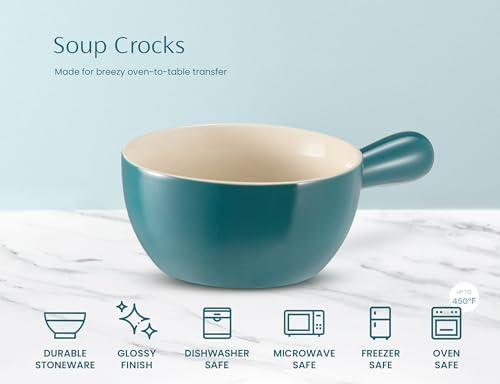 Kook French Onion Soup Crocks, Stackable Ceramic Bowls with Handles