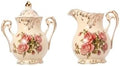 Ceramic Sugar and Creamer Set, Ivory Porcelain with Pink Rose Pattern