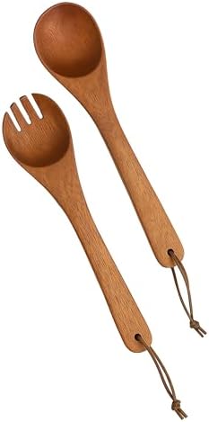 Woodard & Charles 14" Wood Salad Servers w/Leather Strap, Cherry Stain