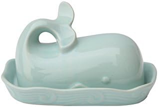 Creative Co-Op Stoneware Whale Butter Dish with Embossed Wave Detail
