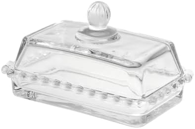 Glass Butter Dish with Lid, Clear Crystal Design, Decorative Beaded