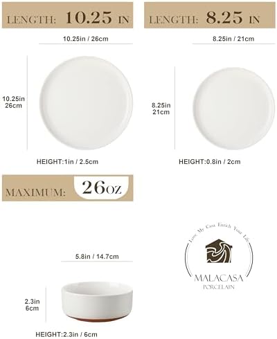 MALACASA Plates and Bowls Sets, 12 Pieces Modern Stoneware Dinnerware