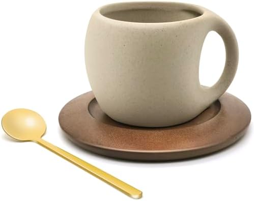 Ceramic Coffee Mug with Natural Wood Saucer & Spoon, 8.5oz Rustic