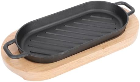 DOITOOL Cast Iron Plate for Grilling Steak Plate Teppanyaki for Steak Eel and Grilled Fish 10.62 X 4.92 X 0.78 in with Wooden Tray for Home Cooking Party Serving and Barbecue