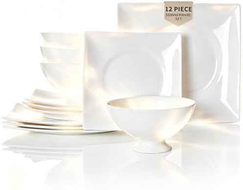YQ&AMK Ivory White Porcelain Dinnerware Set, 12-Piece Square Dishes for 4 | Dinner Plates, Dessert Plates & Bowls