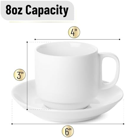 BTaT- Stackable Tea Cups and Saucers, White, Set of 6 (8 oz)