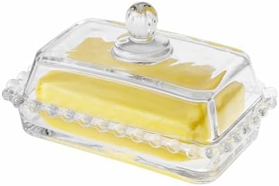 Glass Butter Dish with Lid, Clear Crystal Design, Decorative Beaded