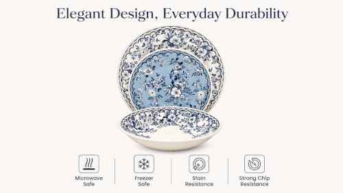 TUDOR ROYAL 12-Piece Porcelain Round Dinnerware Set, Service for 4, MING FLOWER Design, Blue Floral, Plates Bowls Dishes, Premium Quality Tableware, Unique Pattern, Glossy