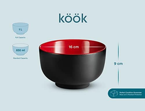 KooK Ceramic Japanese Noodle Bowl Set, 34 oz, Set of 4, Black/Red