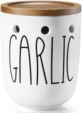 Ceramic Garlic Keeper for Counter, Large Garlic Holder with Acacia