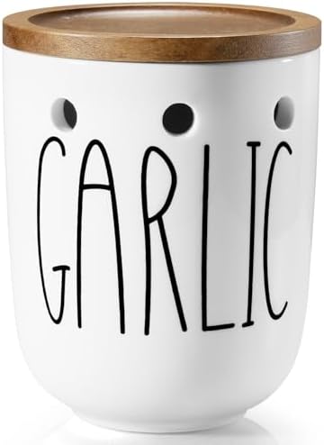 Ceramic Garlic Keeper for Counter, Large Garlic Holder with Acacia