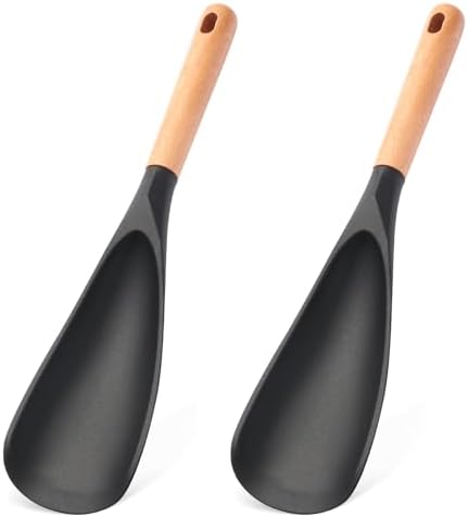 2 Pcs Wooden Handle Silicone Cooking Spoon Set for Nonstick Cookware