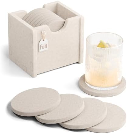 Fluxynara Felt Coasters with Holder, Set of 8 for Drinks, Oatmeal
