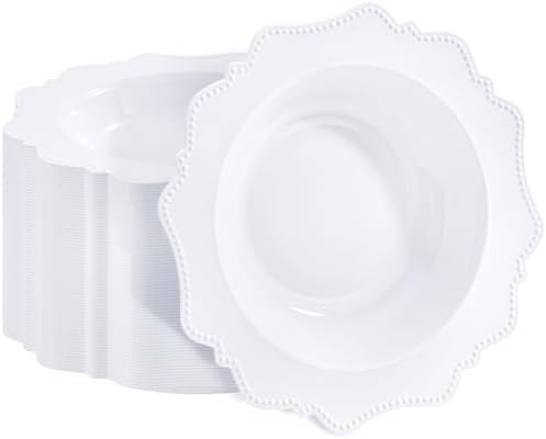 COLOSUS 60PCS White Disposable Bowls, 12oz Nice Beaded Dessert Bowls.