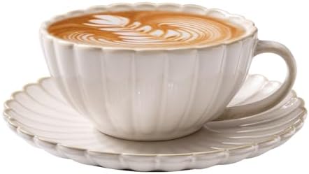 Vintage Porcelain Coffee Cup and Saucer Set, 12 OZ Ceramic Latte Mug