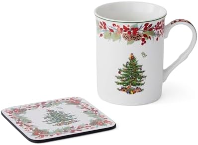 Spode Christmas Tree 5-Piece Mug & Tin Set - Porcelain Mugs & Cork