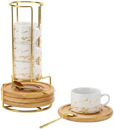 YOLIFE 3 OZ Stackable Porcelain Espresso Cups and Bamboo Saucers Set