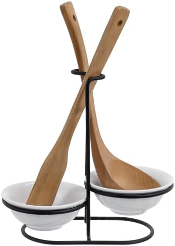 MyGift Ceramic Spoon Rest with Black Metal Stand, 2 Bowls, for Stove