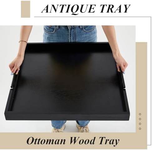 Remagr 24'' Large Square Wood Ottoman Tray, Black, Classic