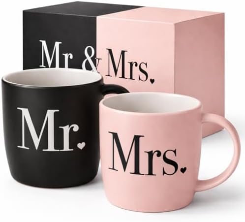 Triple Gifffted Mr and Mrs Coffee Mugs Couples Gift Set, 13oz Ceramic