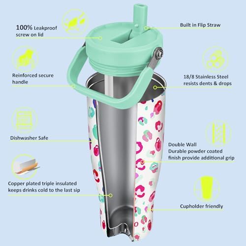 Zukro 40 oz Insulated Tumbler with Top Handle and Flip Straw, Leak