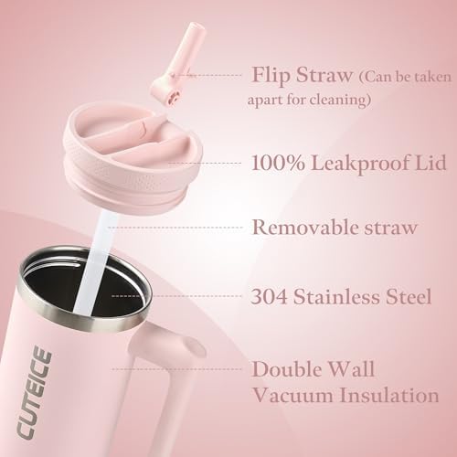 30 oz Pink Insulated Coffee Tumbler with Handle and Flip Straw 100%