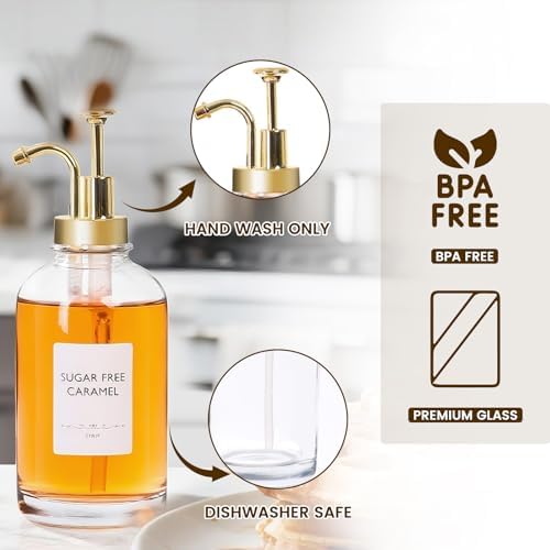 2 Pack 16.9 oz Glass Coffee Syrup Dispenser with Gold Plastic Pumps