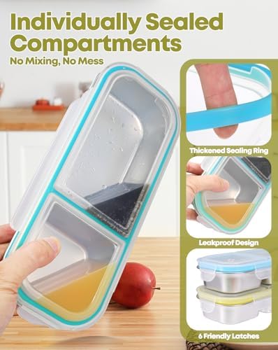 2 Pack Stainless Steel Snack Containers, 2-Compartment Bento Boxes for