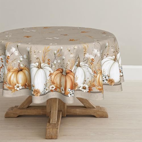 Horaldaily Fall Tablecloth 70 x 70 Inch Round White Orange Pumpkin