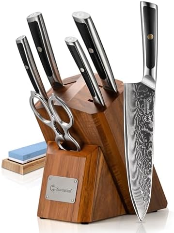 Sunnecko 7-Piece Damascus Kitchen Knife Set with Block