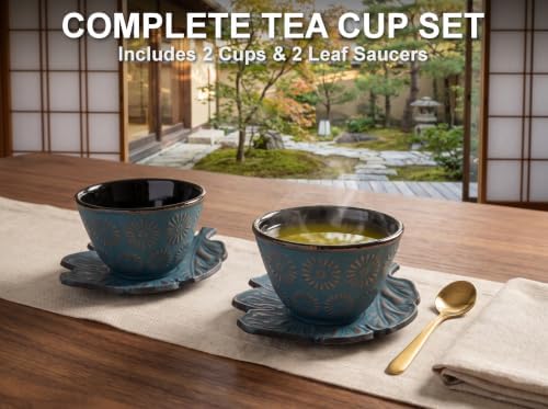 Blue Cast Iron Tea Cup Set of 2 with Leaf Saucers