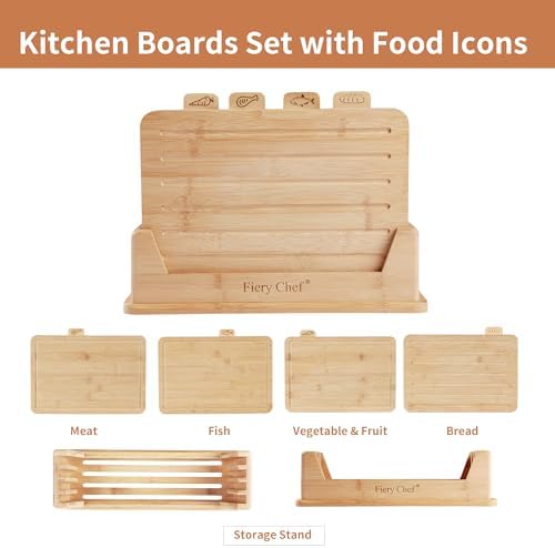 4 Piece Bamboo Cutting Boards Set with Food Icons & Stand, 12.6"L x