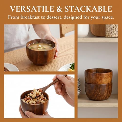 Lyellfe Set of 4 Acacia Wood Bowl, 5 Oz Small Dipping Sauce Bowl with