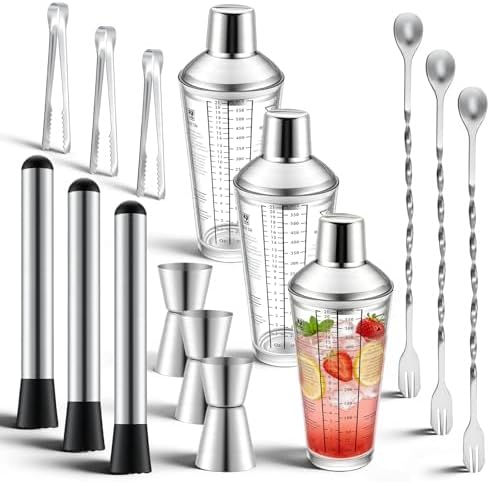 3 Pack Glass Cocktail Shaker Set, 23oz Bartender Kit with Built-in