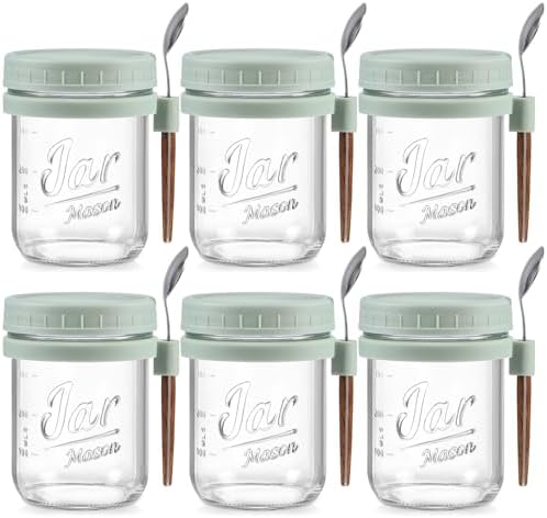 6 Pack Overnight Oats Containers with Lids and Spoons, 16 oz Glass