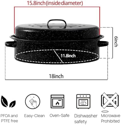 Turkey Roasting Pan With Lid 18in Enamel Carbon Steel Roaster Pot, Broiler Pan Great-for Roasted Turkey Chicken Baking Bread18 Pound Large Capacity High Temperature Resistance Oval Cookware