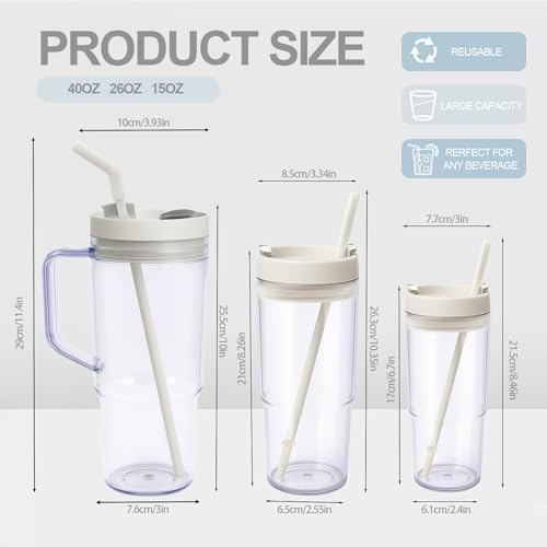 3 Pack Plastic Tumblers with Handle and Straws Lids - 40oz, 26oz, 15oz