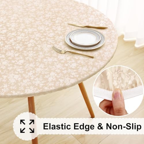 misaya Round Vinyl Fitted Tablecloth with Elastic Edge, Beige