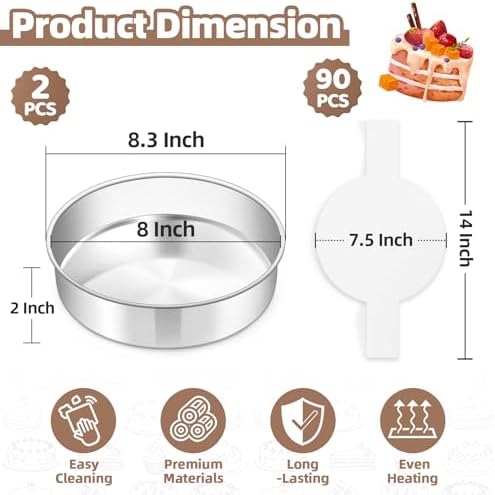 TeamFar 8 Inch Cake Pan Tins Set of 2, with 90 Pcs Parchment Paper
