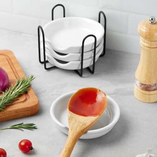 4 Pack Ceramic Spoon Rest with Metal Holder, Gencywe 4.8 inch Spoon