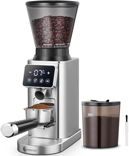 AMZCHEF Burr Coffee Grinder, 48 Settings, Metallic Silver