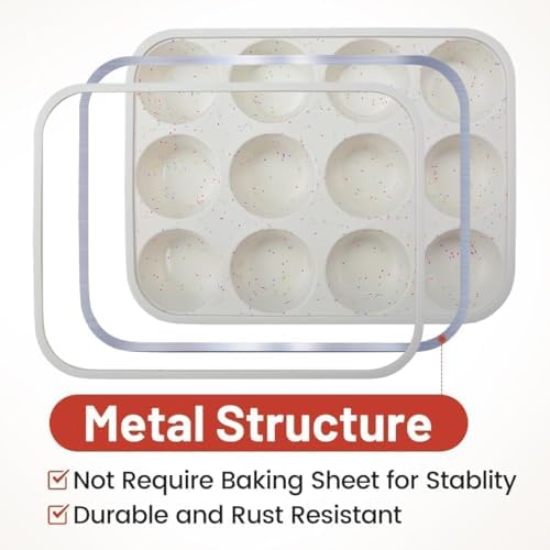 CAKETIME Silicone Muffin Pan, Metal Reinforced Frame Cupcake Pan 12