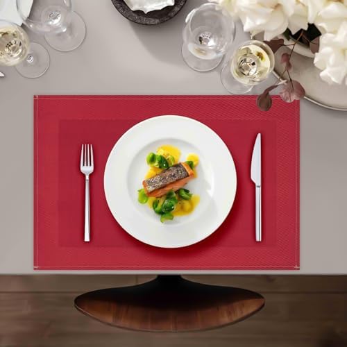 Red Placemats Set of 4, 12x18 Inch Faux Linen Table Mats