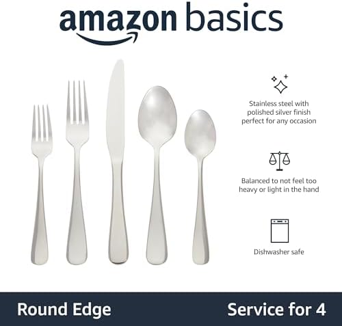 Amazon Basics Silverware Set, Stainless Steel Flatware, Dishwasher