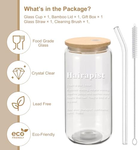 Mikopei Hairdresser Gifts for Women, Hairapist Glass Cup with Lid and