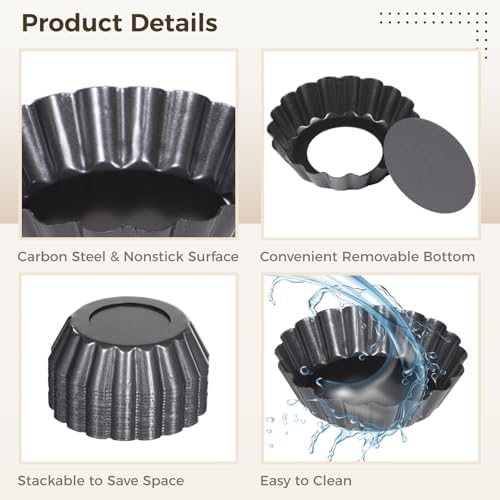 Set of 16 Mini Removable Bottom Tart Pans, 3 Inches Nonstick Fluted